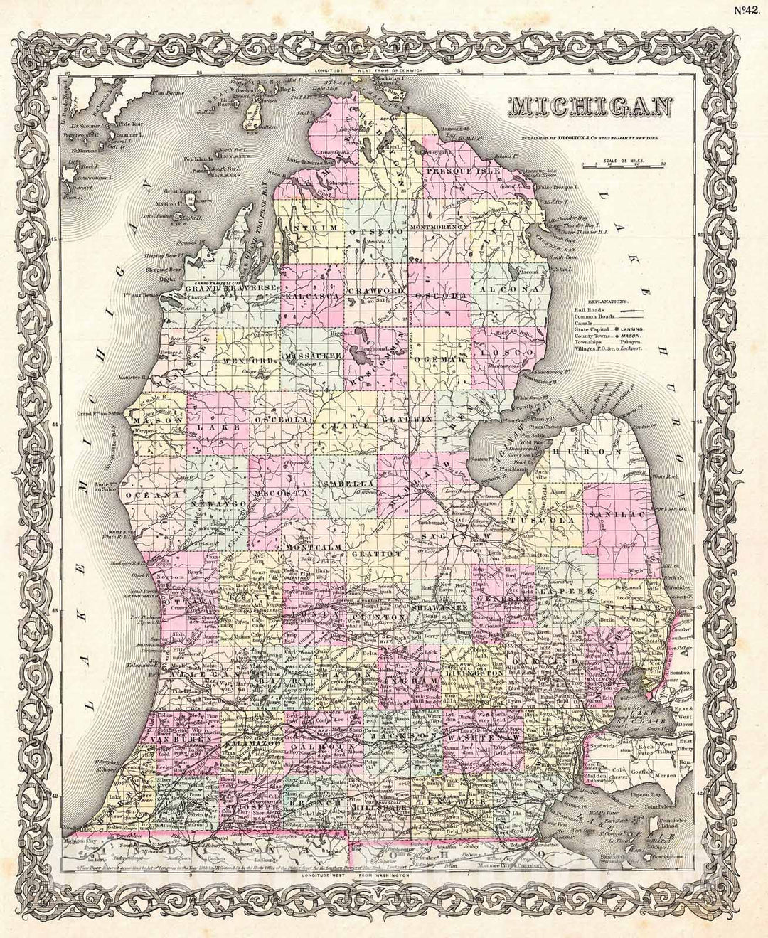 Historic Map : Colton Map of Michigan, 1855, Vintage Wall Art