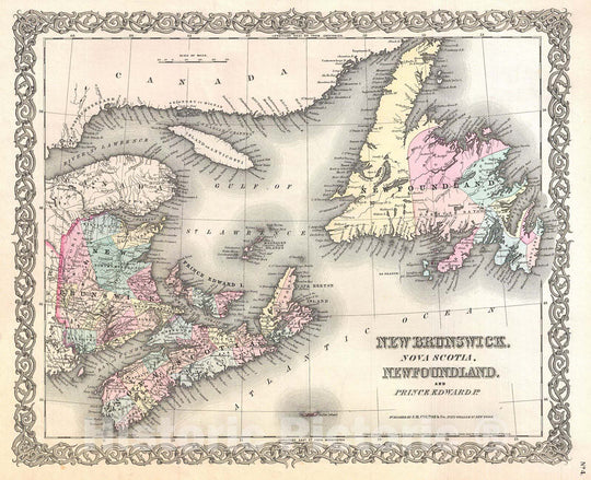 Historic Map : Colton Map of New Brunswick, Nova Scotia, Newfoundland and Price Edward Island , 1855, Vintage Wall Art