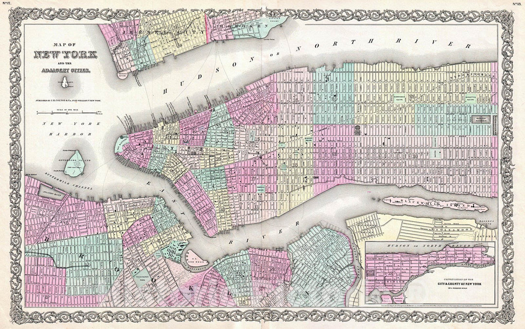 Historic Map : Colton Map of New York City, Manhattan, Brooklyn, Hoboken (First Edition), 1855, Vintage Wall Art