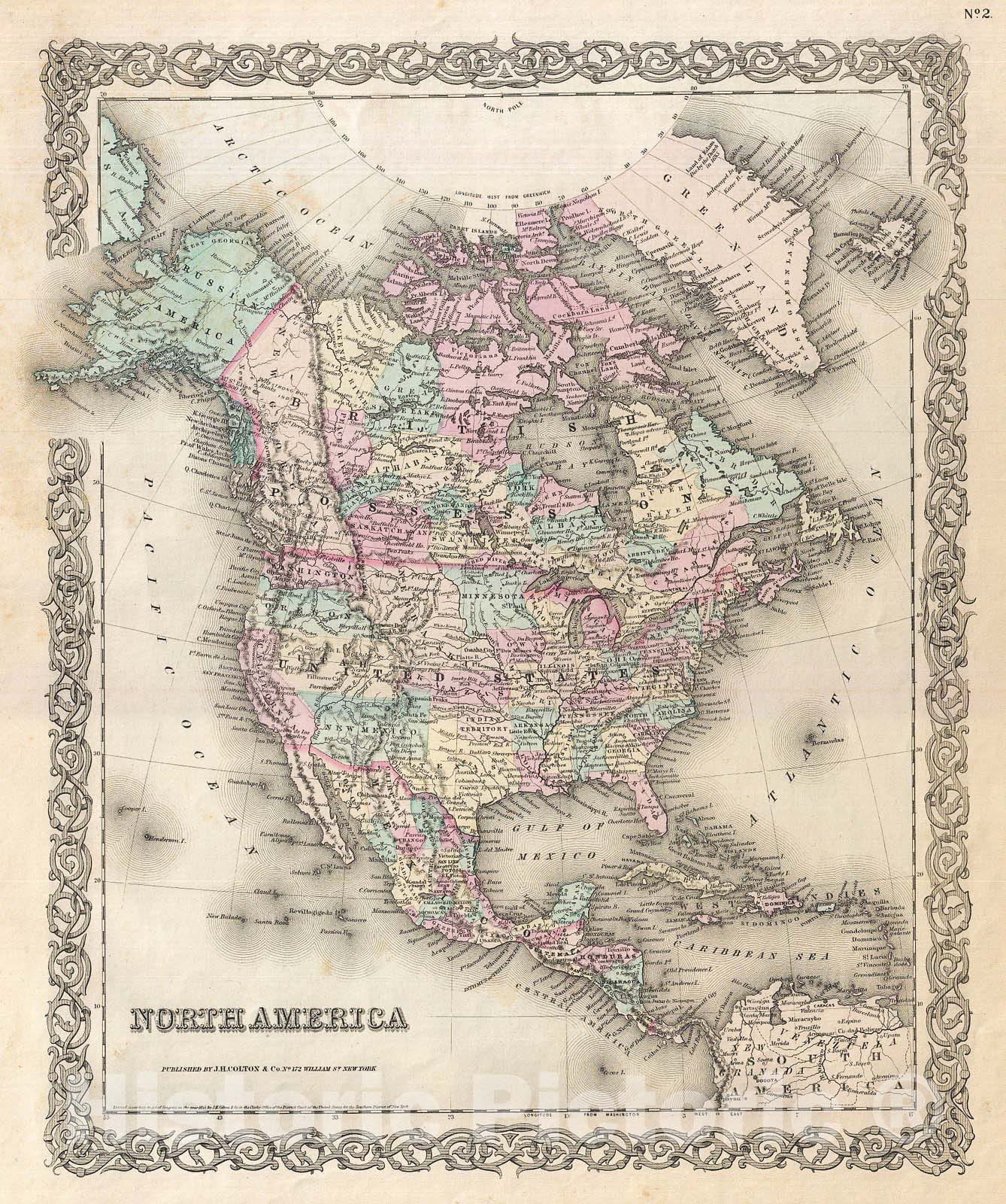 Historic Map : Colton Map of North America , 1855, Vintage Wall Art