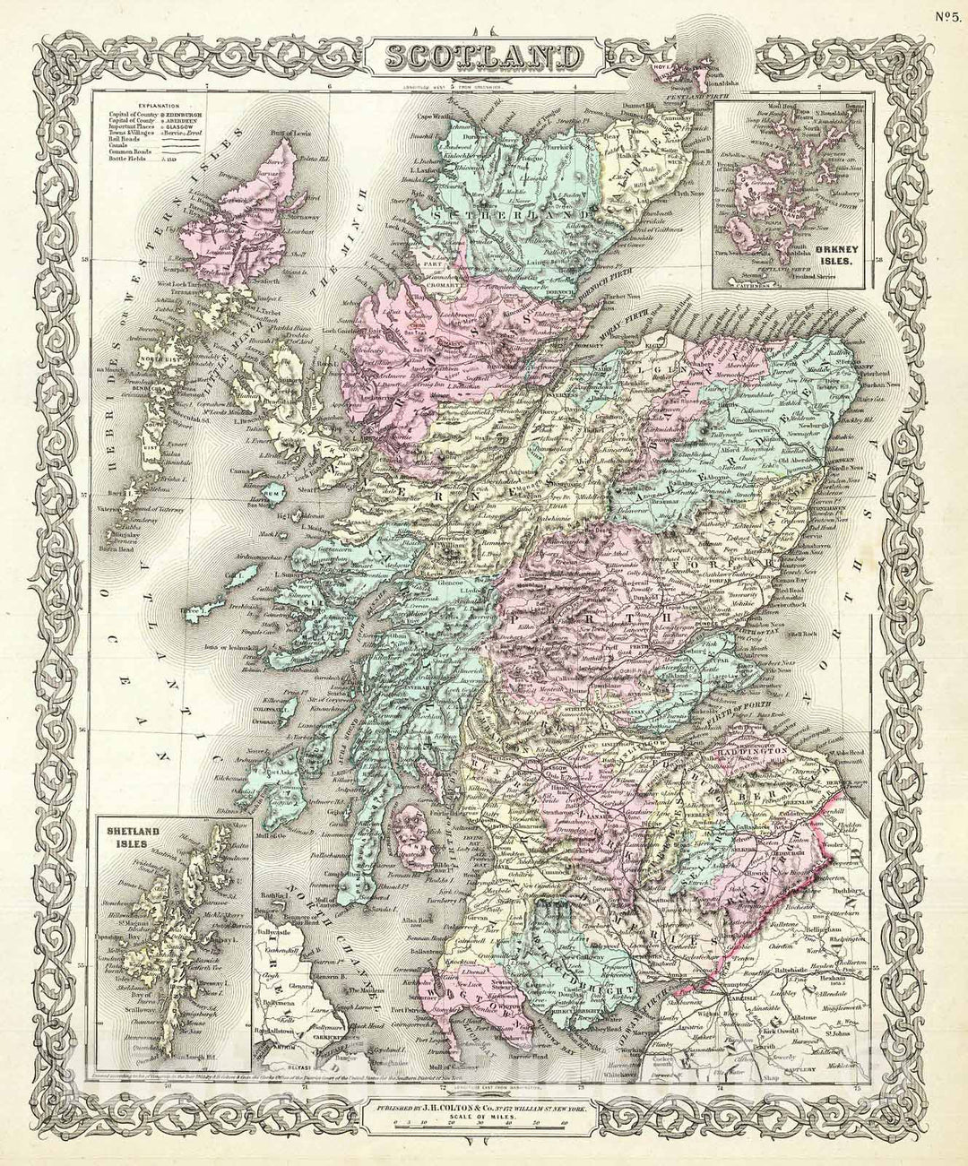 Historic Map : Colton Map of Scotland , 1855, Vintage Wall Art