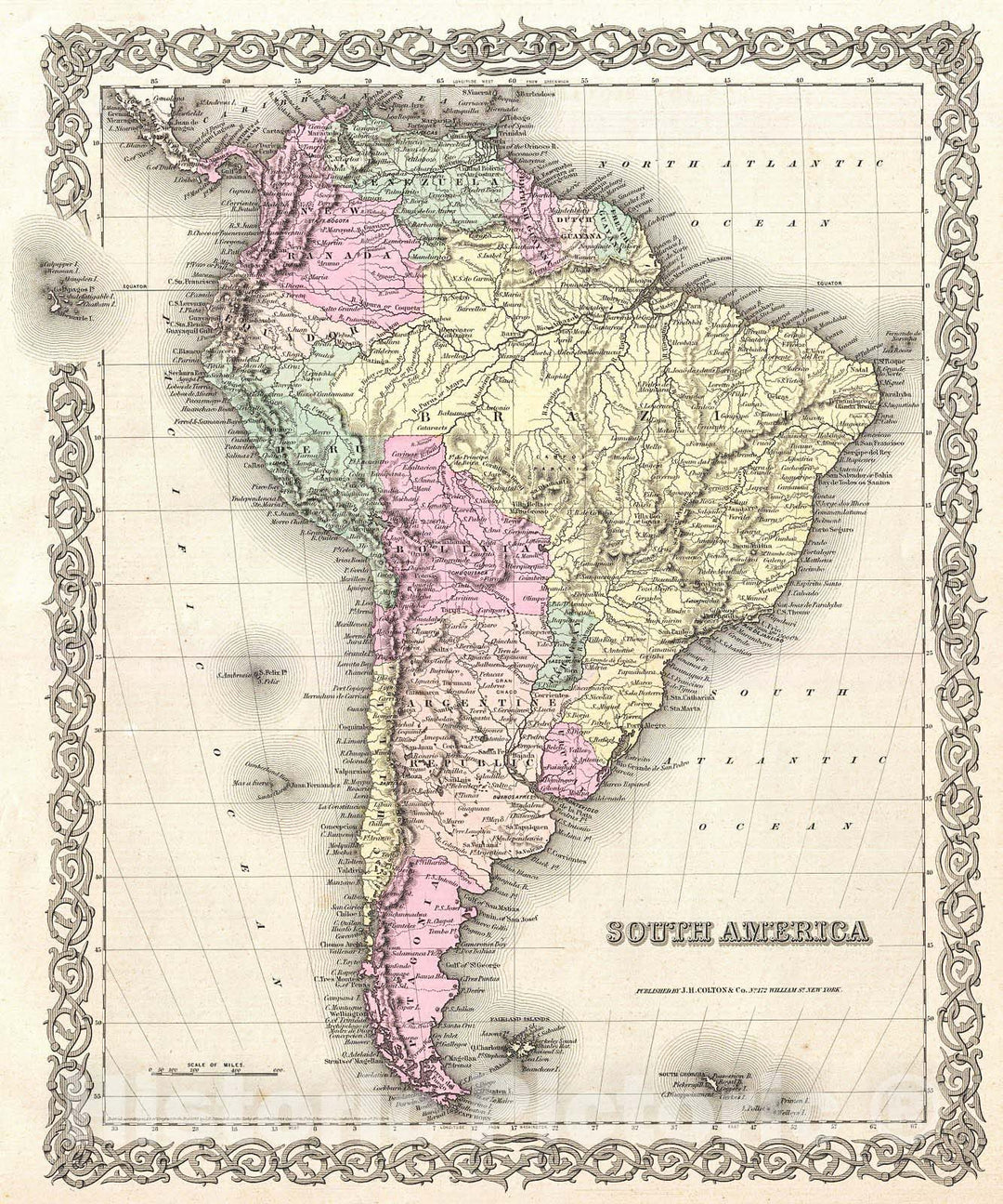 Historic Map : Colton Map of South America , 1855, Vintage Wall Art