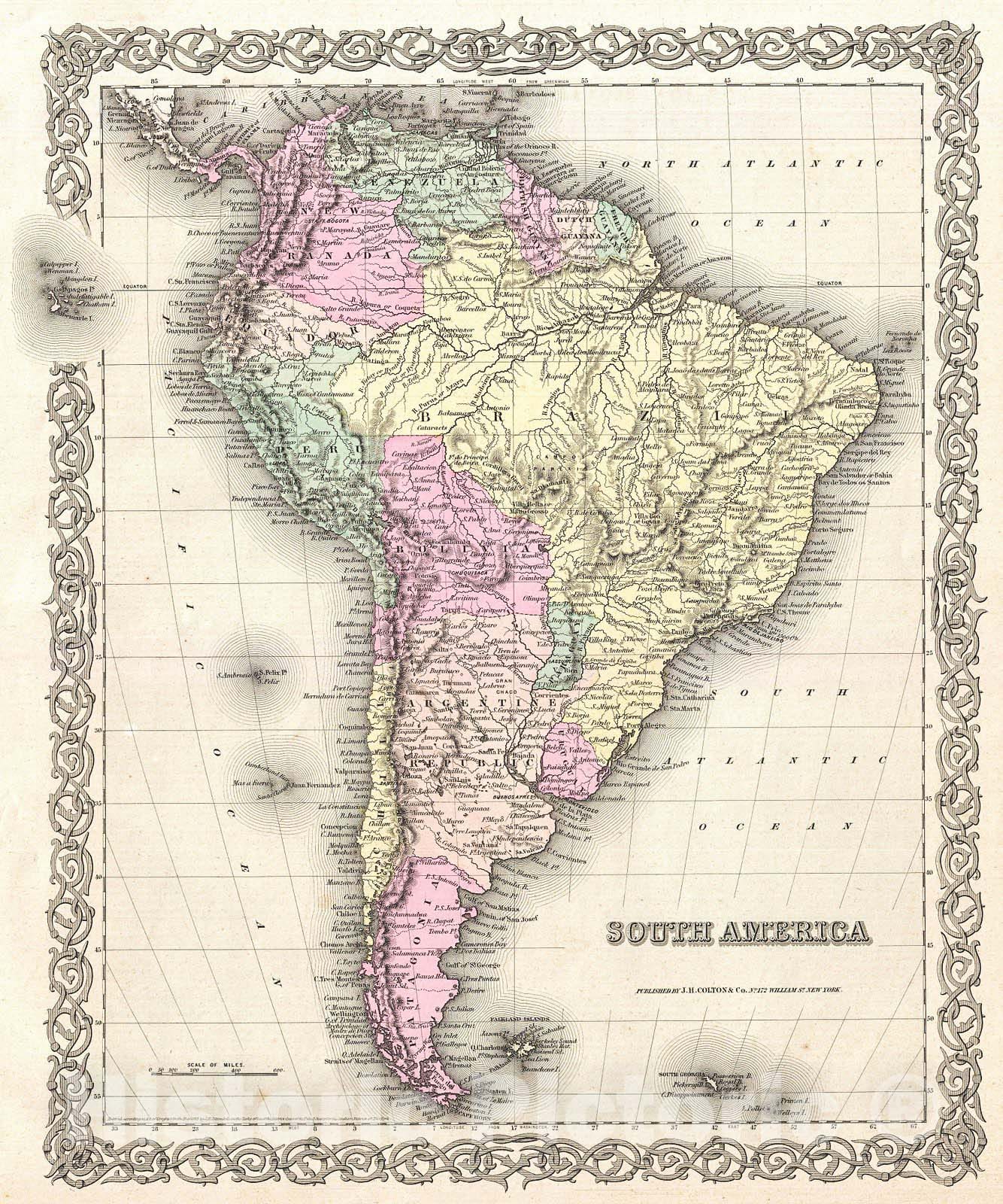 Historic Map : Colton Map of South America , 1855, Vintage Wall Art