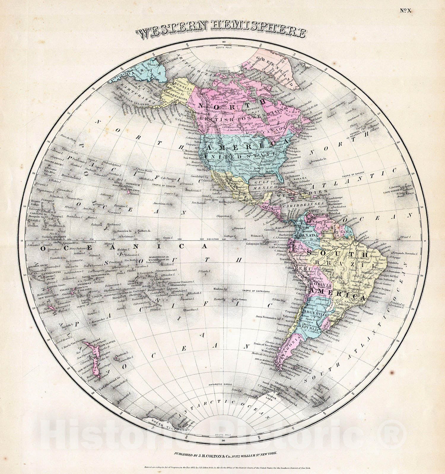 Historic Map : Colton Map of The Western Hemisphere , 1855, Vintage Wall Art