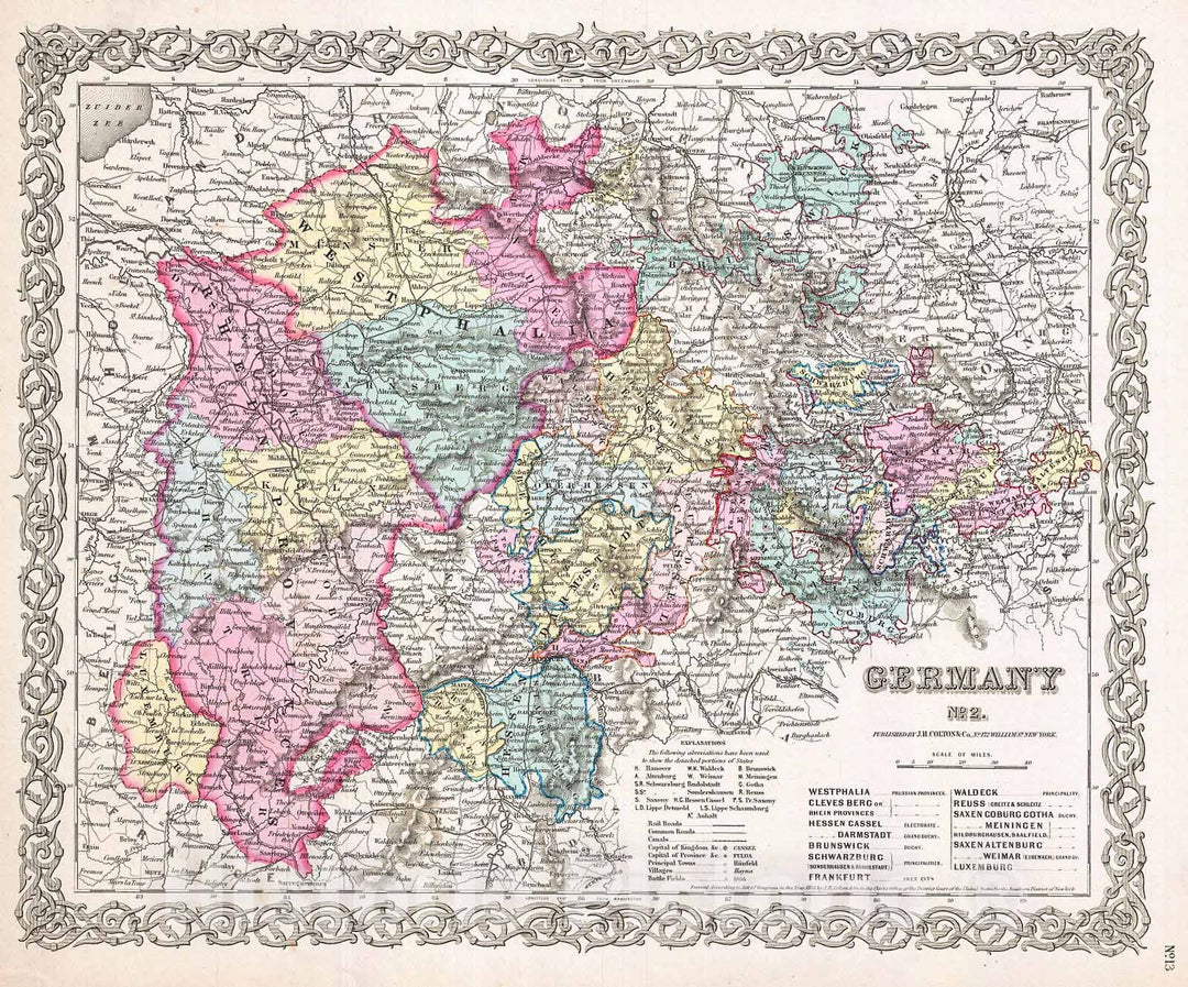 Historic Map : Colton Map of Western Germany, Westphalia, Rheinland , 1855, Vintage Wall Art