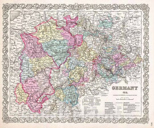 Historic Map : Colton Map of Western Germany, Westphalia, Rheinland , 1855, Vintage Wall Art