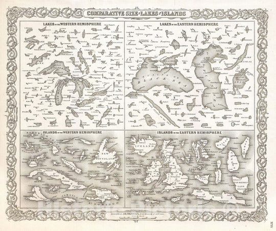 Historic Map : Colton Map or Comparative Chart of The World's Islands and Lakes , 1855, Vintage Wall Art