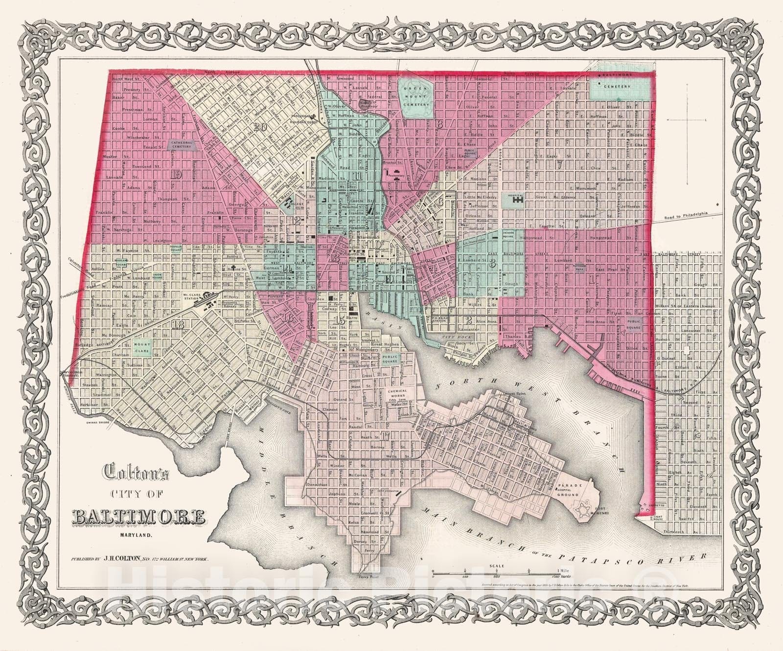 Historic Map : Colton Plan or Map of Baltimore, Maryland, 1855, Vintage Wall Art