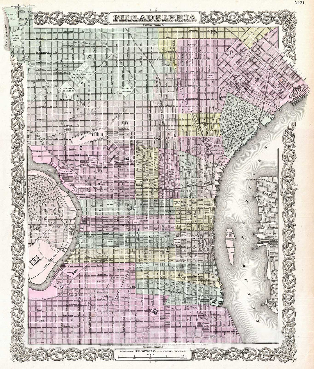 Historic Map : Colton Plan or Map of Philadelphia, Pennsylvania , 1855, Vintage Wall Art