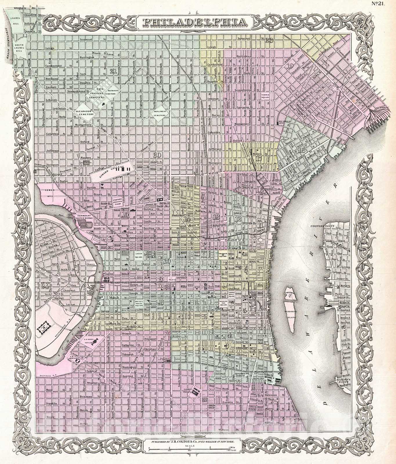 Historic Map : Colton Plan or Map of Philadelphia, Pennsylvania , 1855, Vintage Wall Art