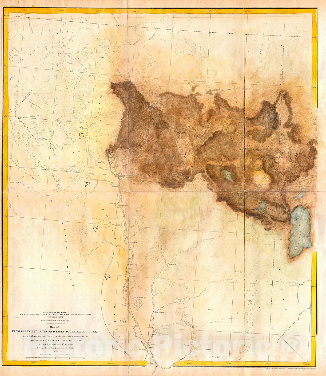 Historic Map : Jefferson Davis Map of California from Pyramid Lake to The Sacramento River , 1855, Vintage Wall Art