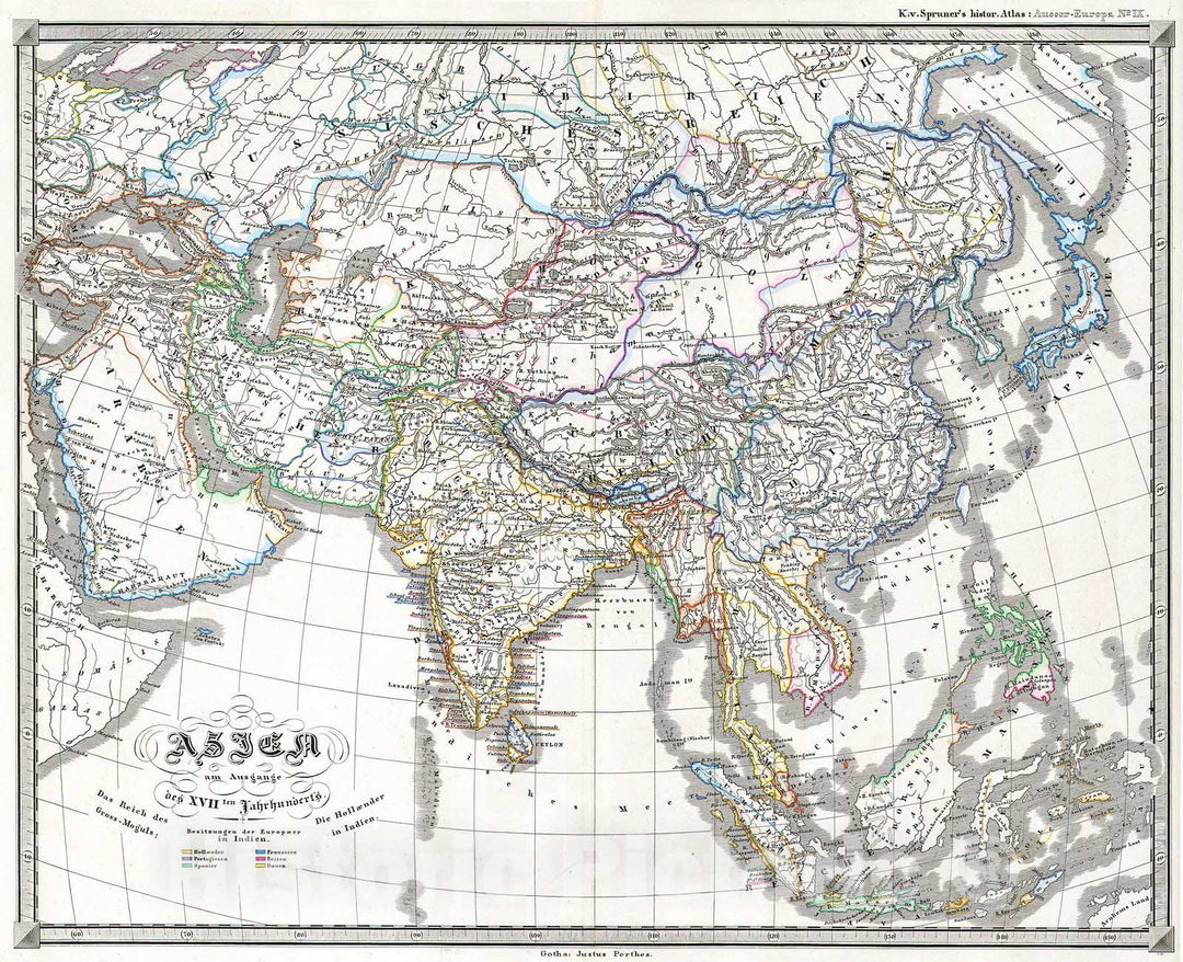 Historic Map : Perthes Map of Asia at The end of The 17th Century , 1855, Vintage Wall Art