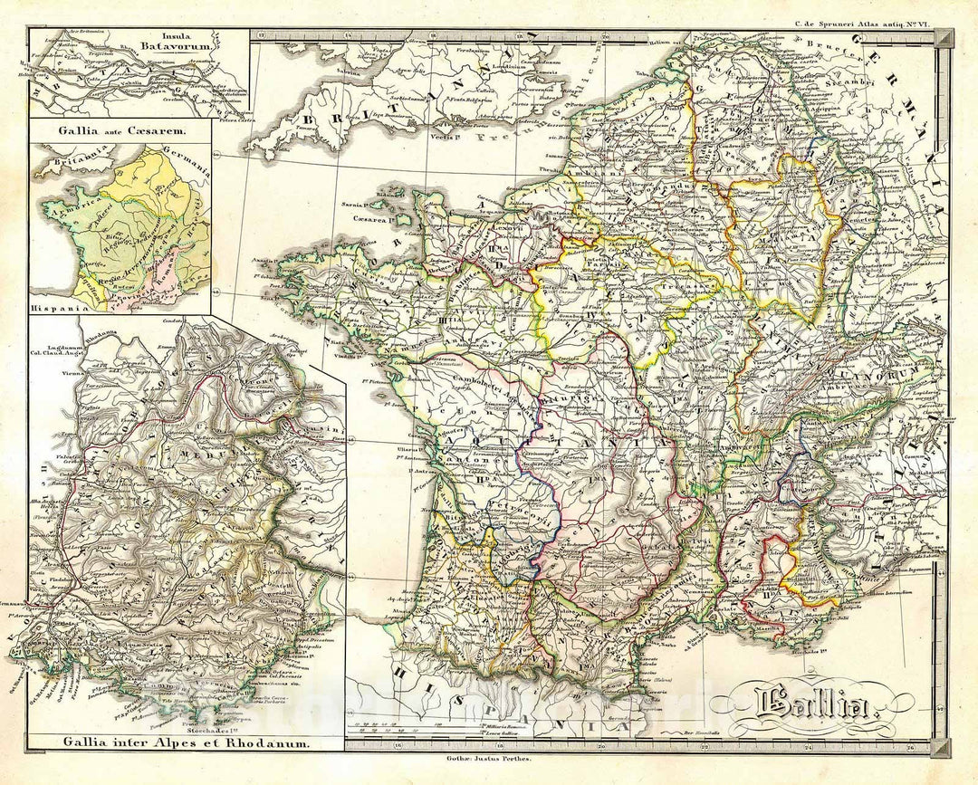 Historic Map : Spruneri Map of France, Gaul, Gallia in Ancient Times, 1855, Vintage Wall Art