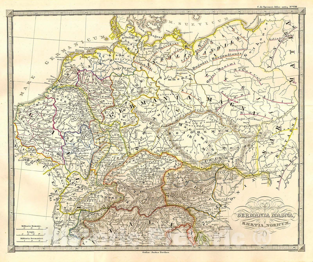 Historic Map : Spruneri Map of Germany or Germania Magna in Ancient Times , 1855, Vintage Wall Art