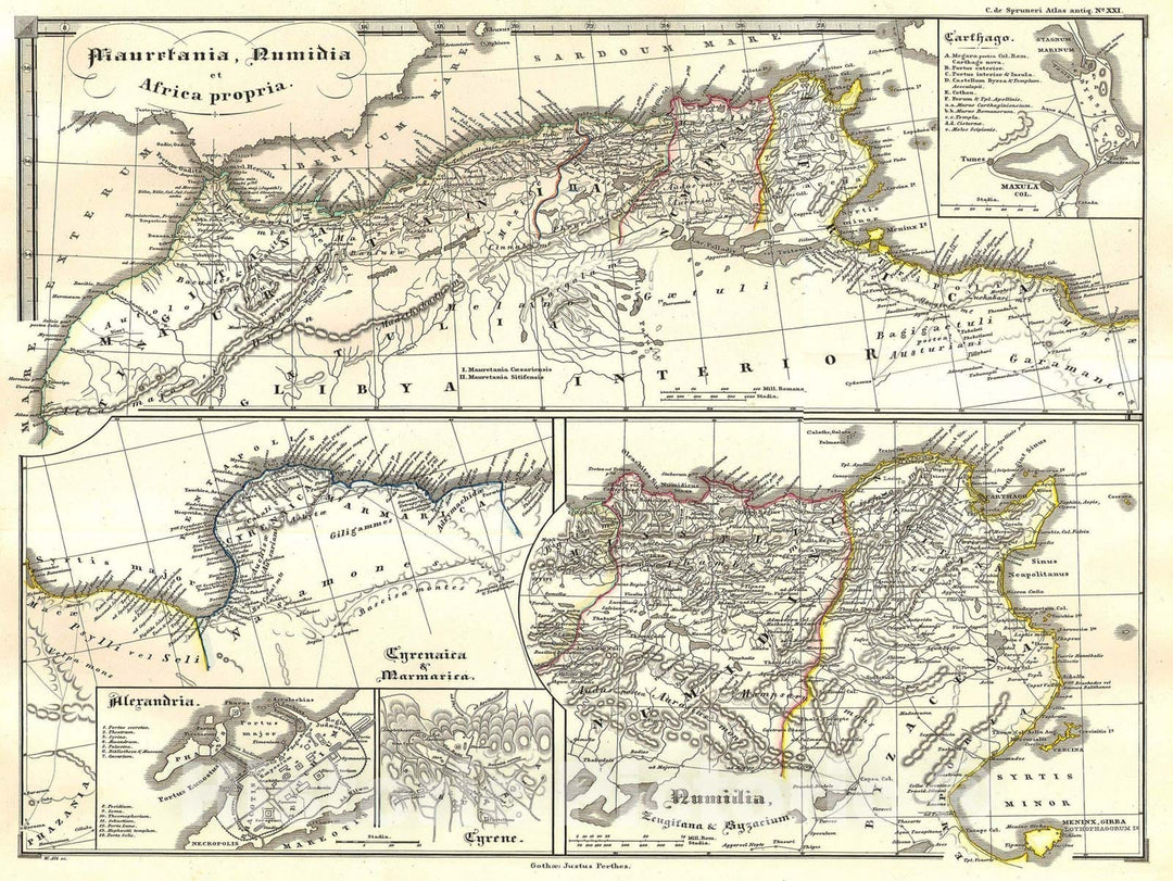 Historic Map : Spruneri Map of North Africa in Ancient Times (Carthage, Numidia, Alexandria) , 1855, Vintage Wall Art