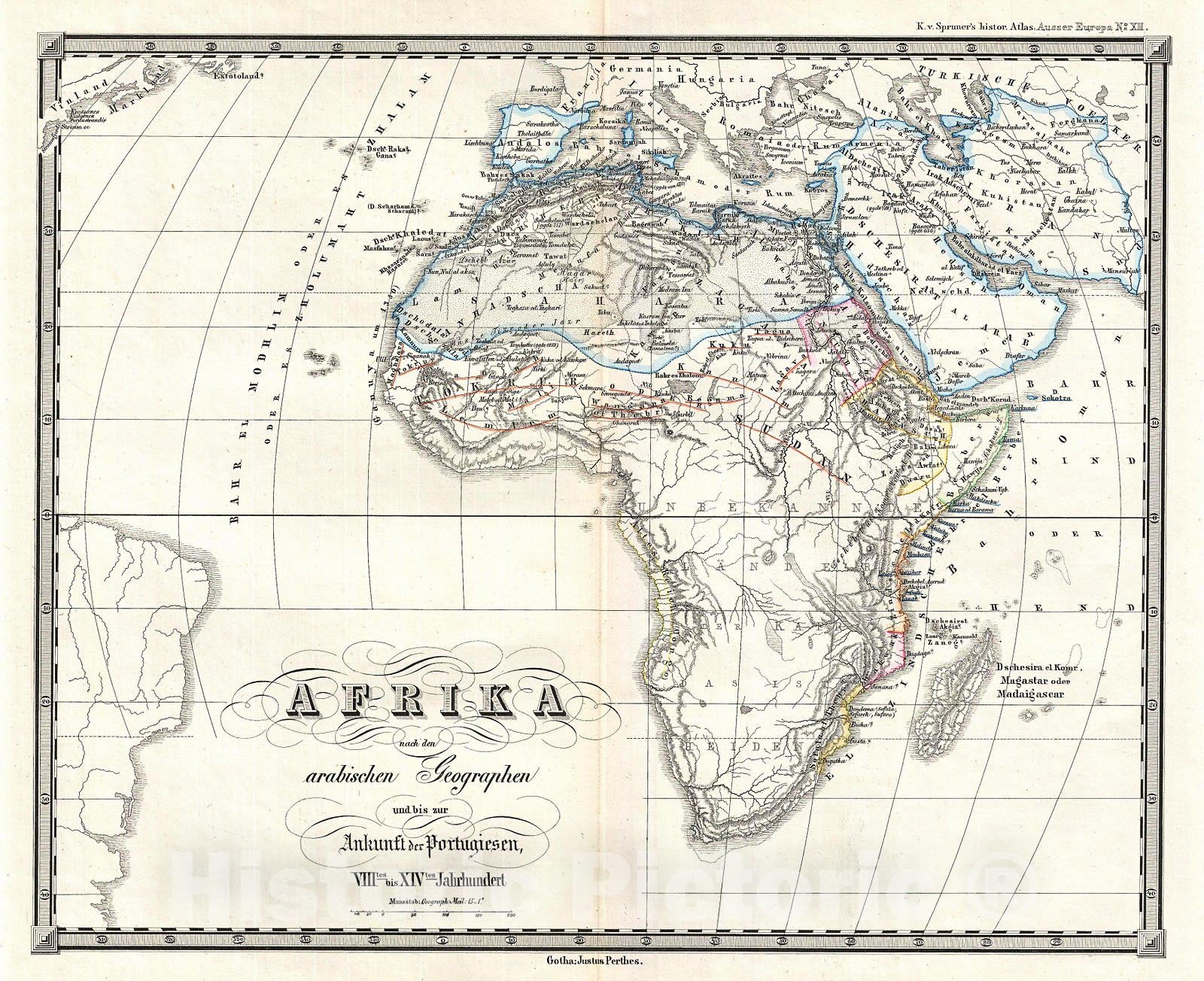 Historic Map : Spruner Map of Africa from The 8th to The 14th Century , 1855, Vintage Wall Art