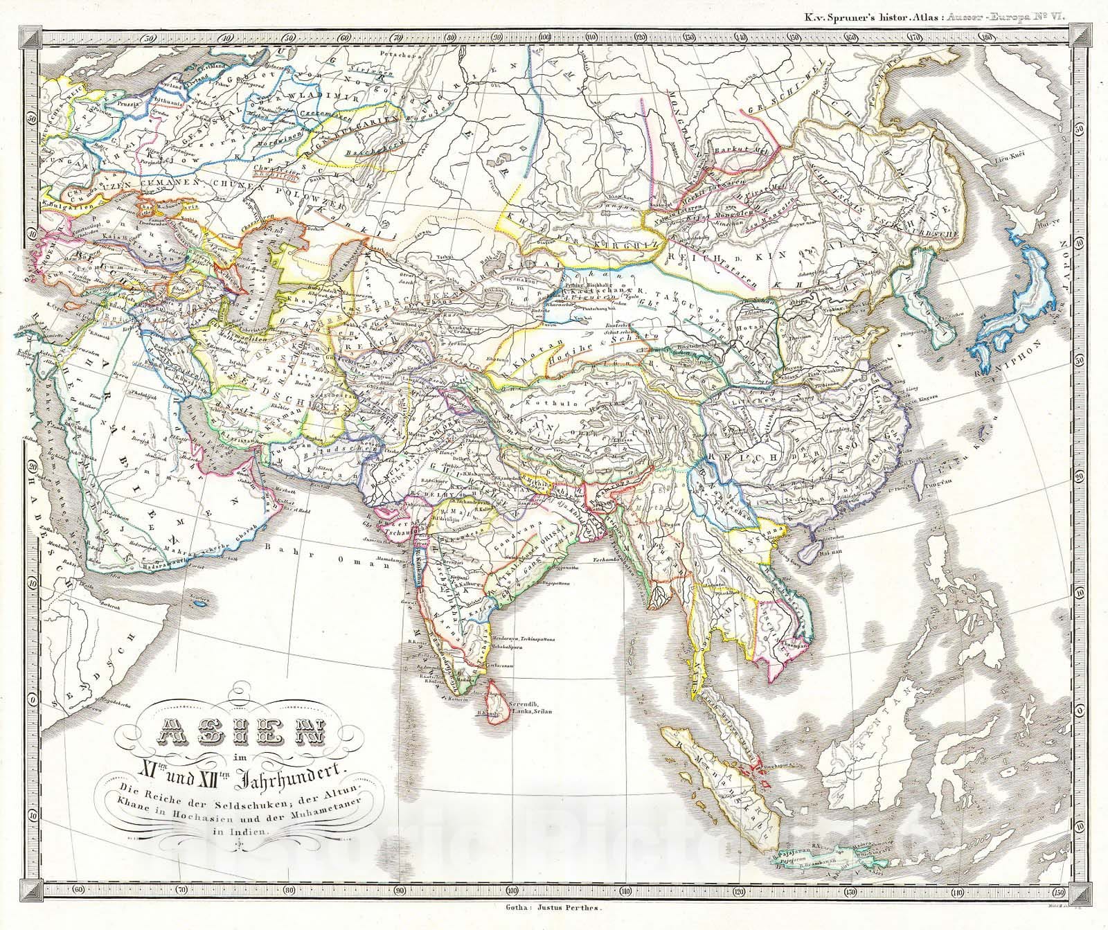 Historic Map : Spruner Map of Asia in The 11th and 12th Centuries (Seljuk Empire, Song China) , 1855, Vintage Wall Art