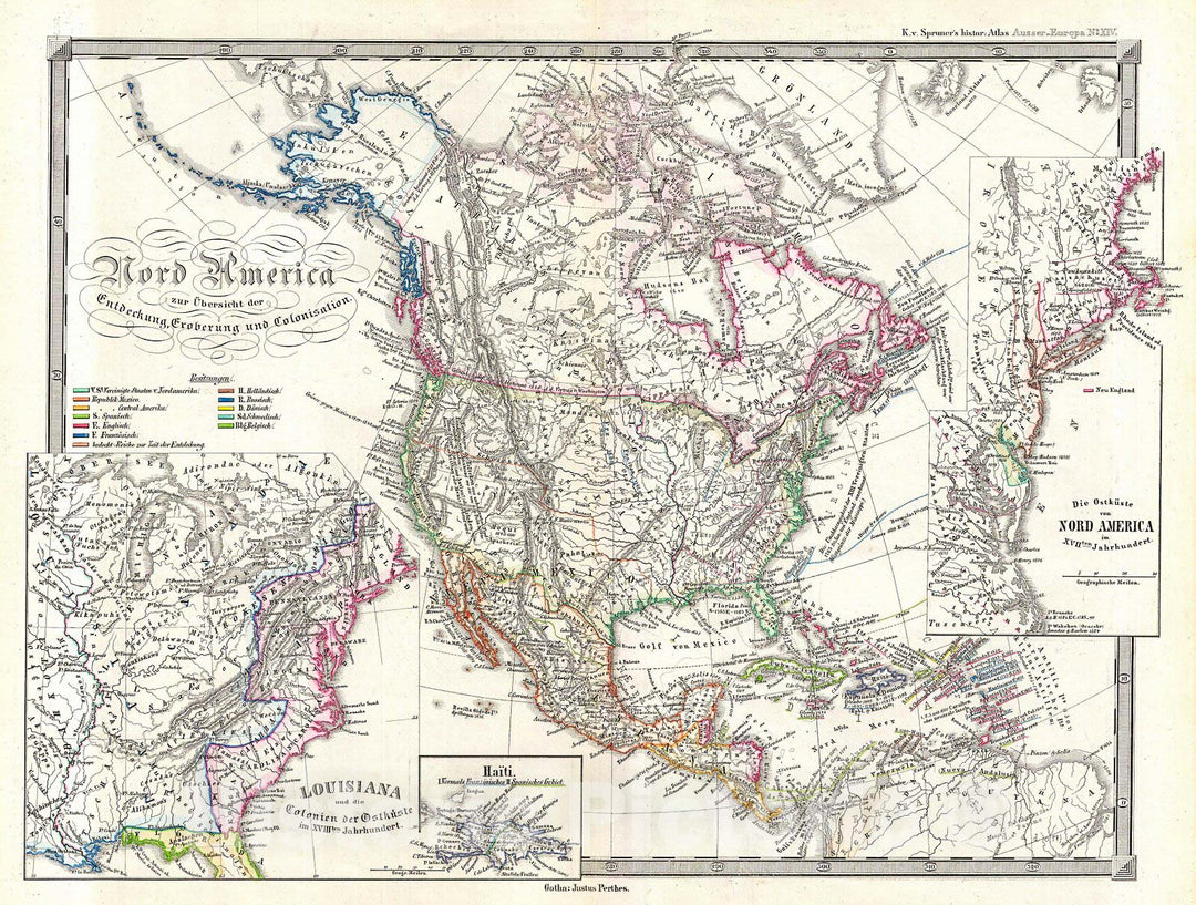 Historic Map : Spruner Map of North America, Overview of Discovery, Conquest and Colonization, 1855, Vintage Wall Art