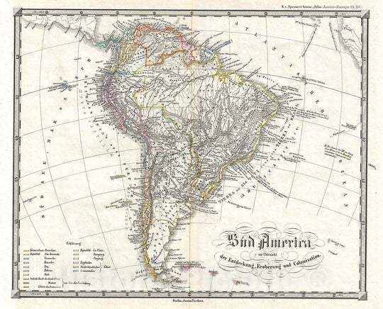 Historic Map : Spruner Map of South America, Overview of Discovery, Conquest and Colonization , 1855, Vintage Wall Art