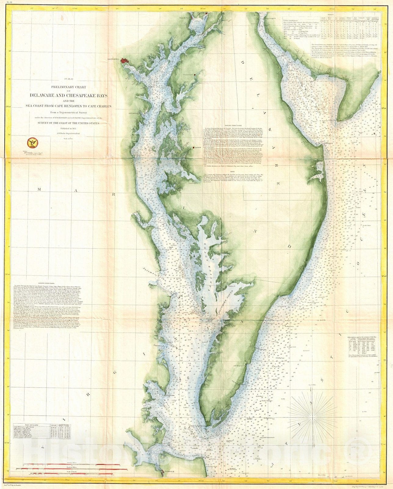 Historic Map : U.S. Coast Survey Chart or Map of The Chesapeake Bay and Delaware Bay, 1852, Vintage Wall Art :