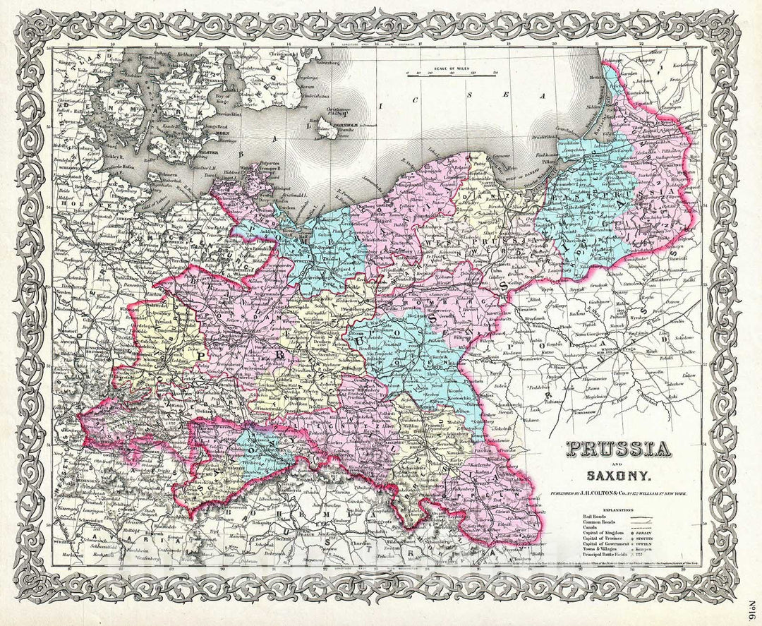 Historic Map : Colton Map of Prussia and Saxony, Germany , 1856, Vintage Wall Art