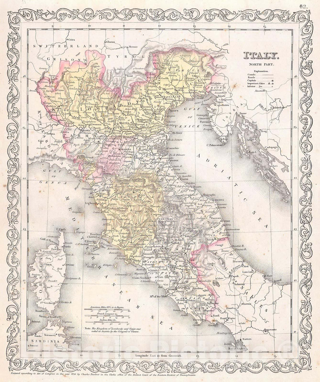 Historic Map : Desilver Map of Northern Italy , 1856, Vintage Wall Art