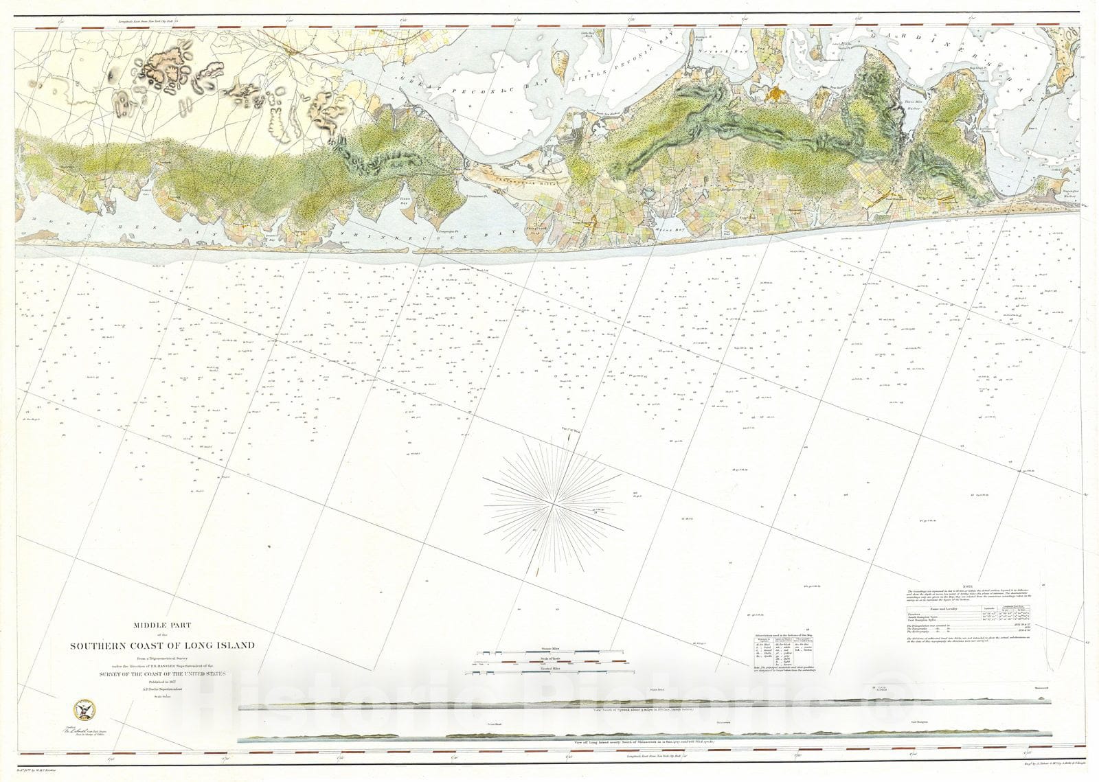 Historic Map : U.S.C.S. Map of Suffolk County, Southern Long Island, New York, 1856, Vintage Wall Art