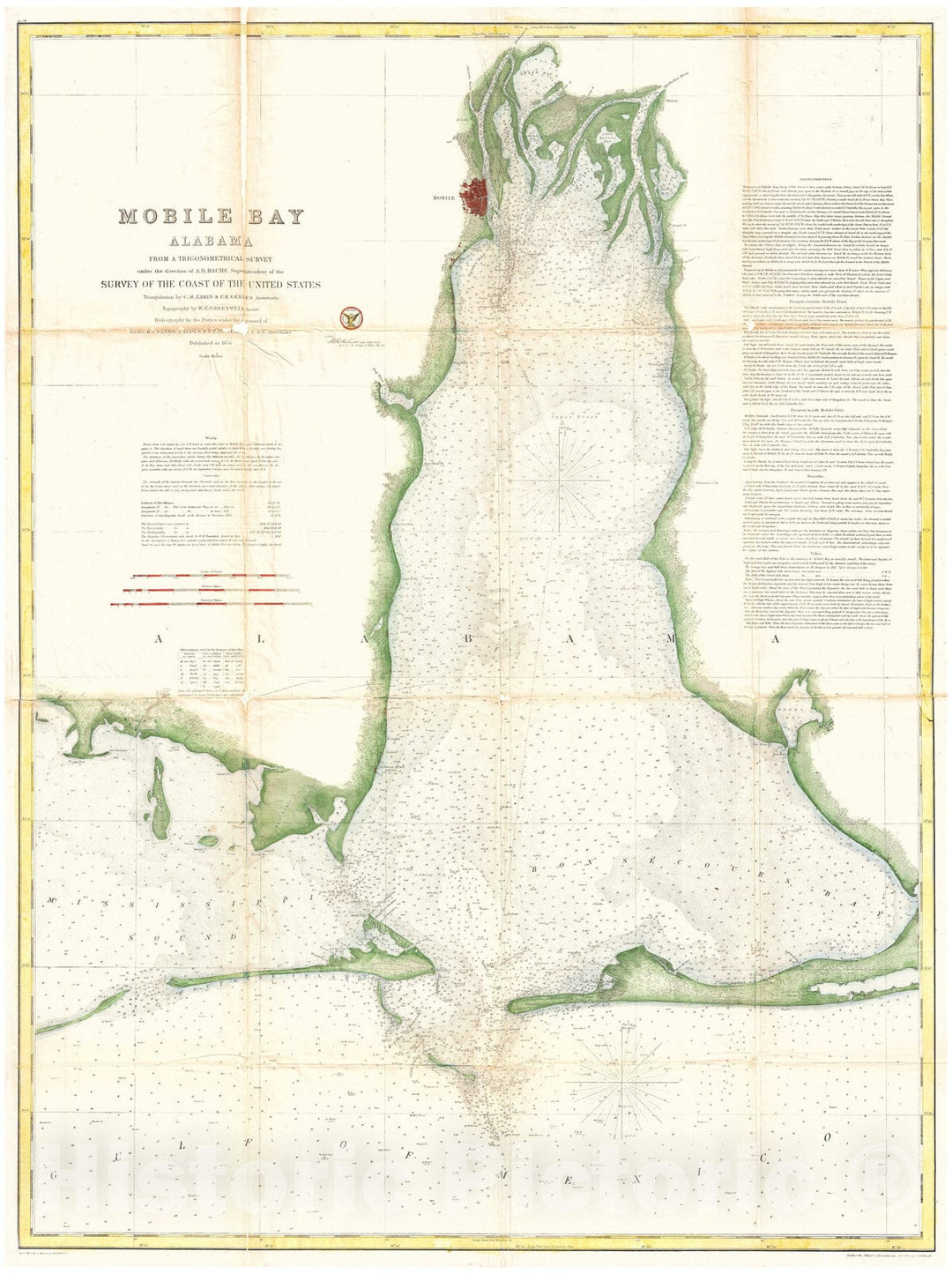 Historic Map : U.S. Coast Survey Map of Mobile Bay, Alabama, 1856, Vintage Wall Art