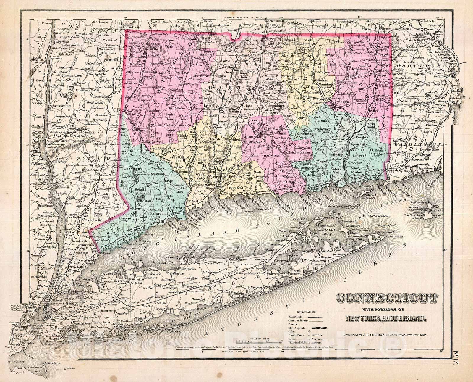 Historic Map : Colton Map of Connecticut and Long Island , Version 2, 1857, Vintage Wall Art