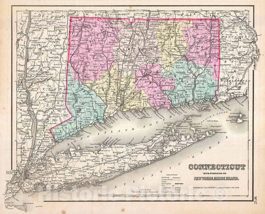 Historic Map : Colton Map of Connecticut and Long Island , Version 2, 1857, Vintage Wall Art