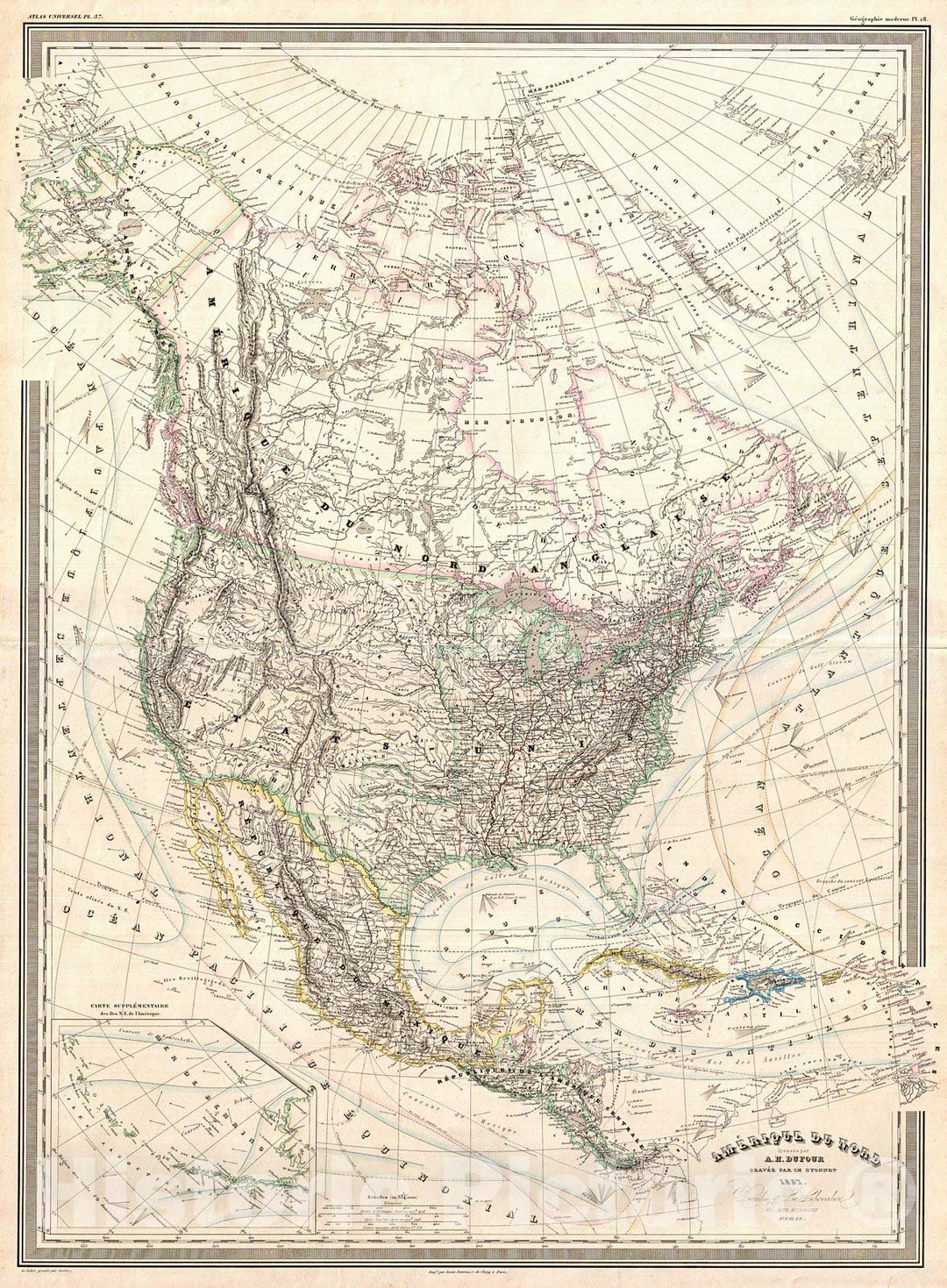 Historic Map : Dufour Map of North America , 1857, Vintage Wall Art