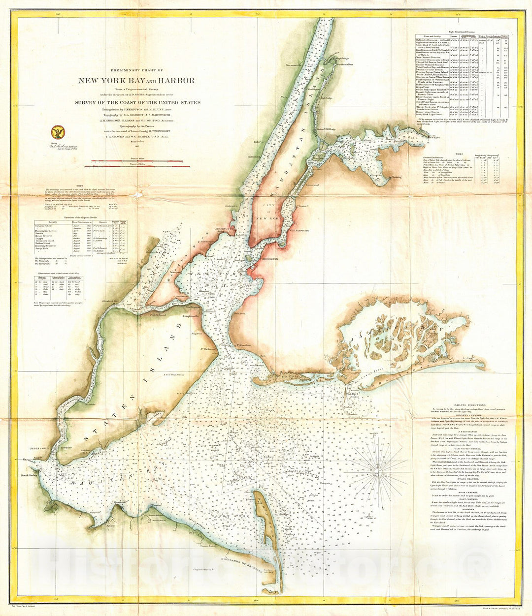 Historic Map : U.S. Coast Survey Map of New York City and Harbor , 1857, Vintage Wall Art