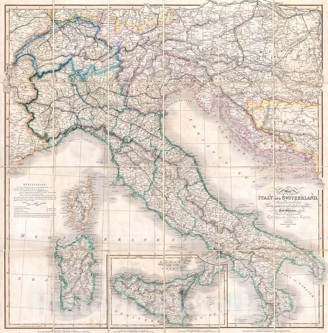 Historic Map : Smith Folding Case Map of Italy and Switzerland , 1859, Vintage Wall Art