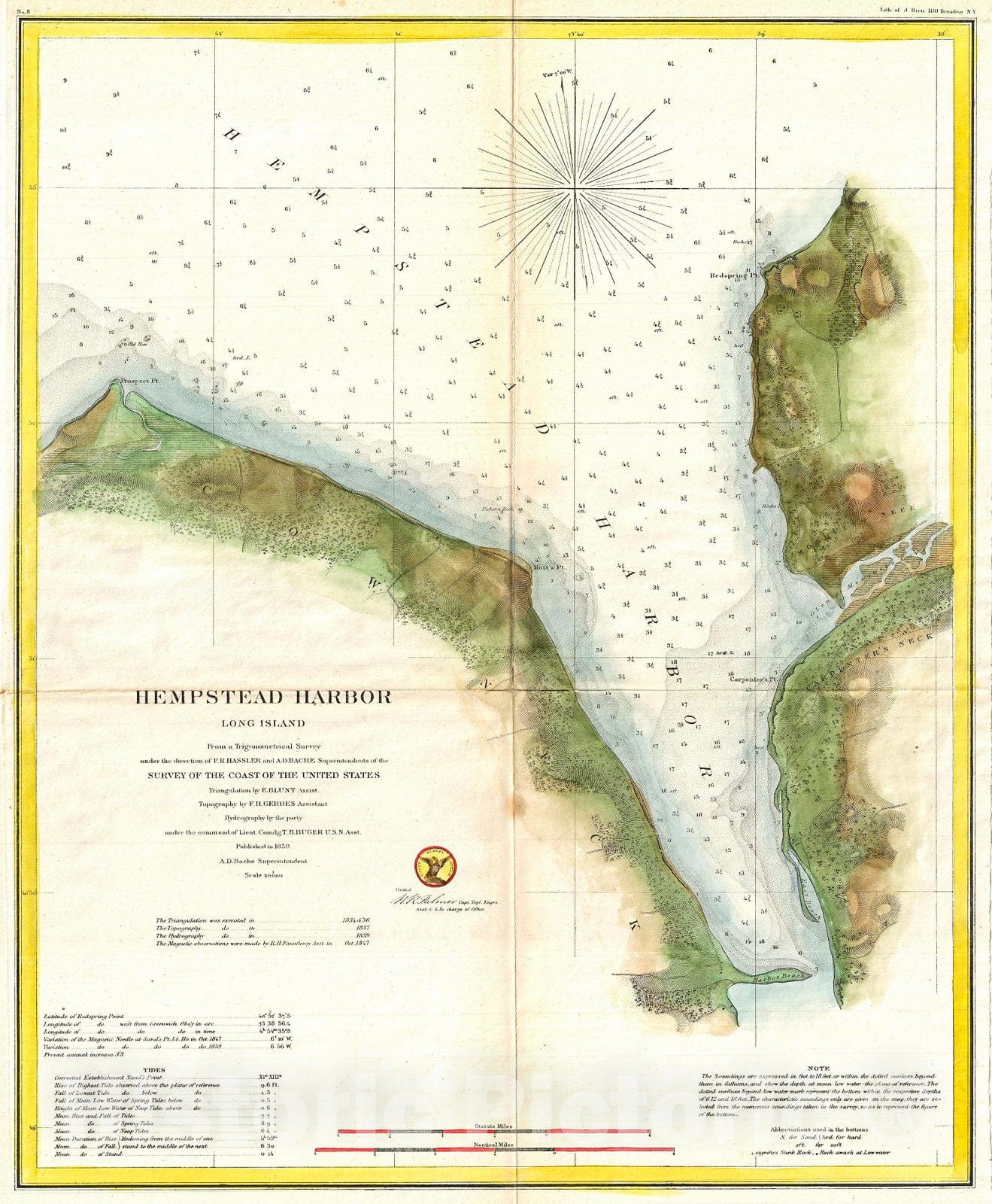 Historic Map : U.S. Coast Survey Chart or Map of Hempstead Harbor, Long Island, New York, 1859, Vintage Wall Art