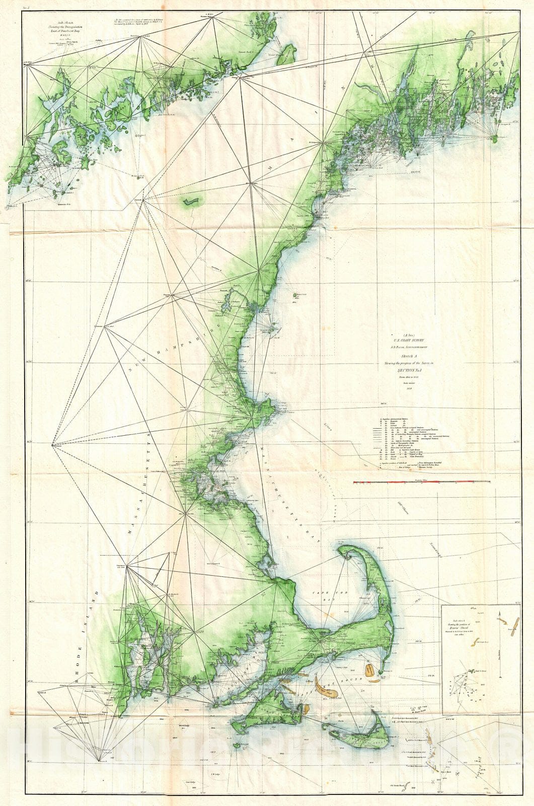 Historic Map : U.S. Coast Survey Map of The New England Coa, 1859, Vintage Wall Art