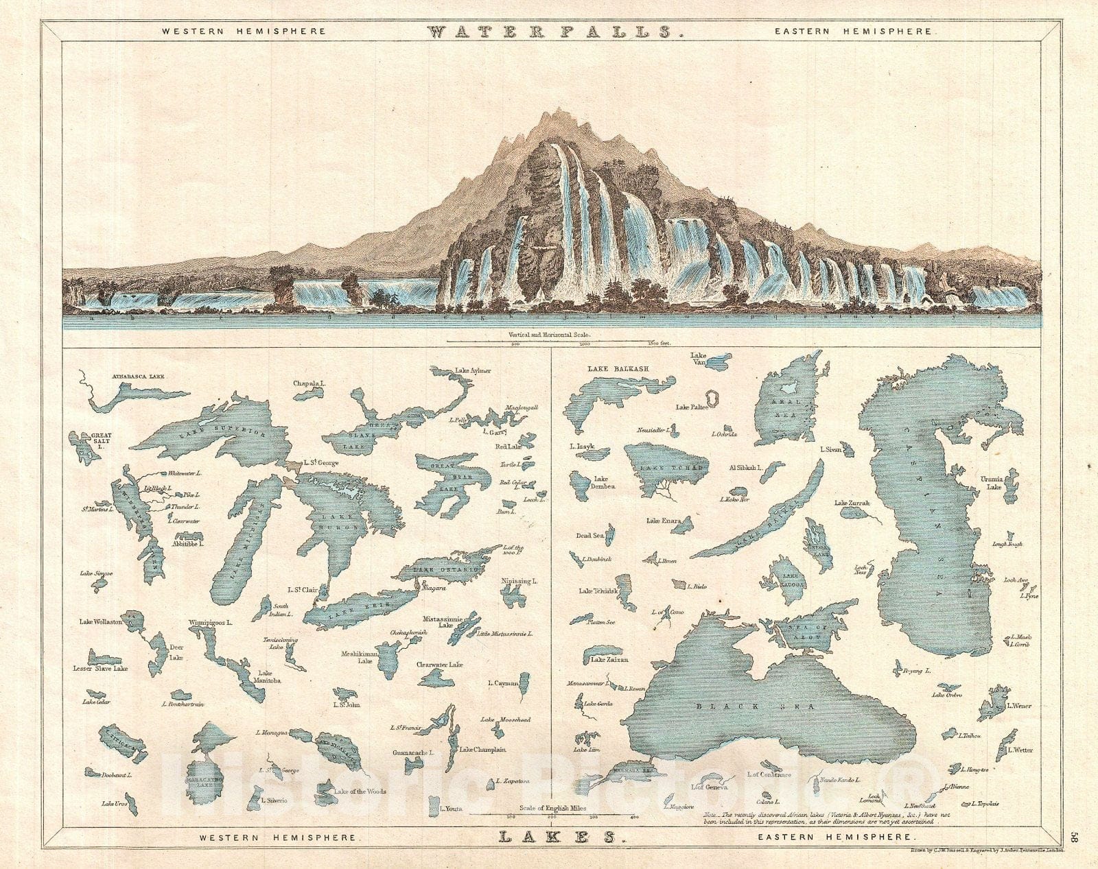 Historic Map : Mackenzie Map of Waterfalls and Lakes, 1860, Vintage Wall Art