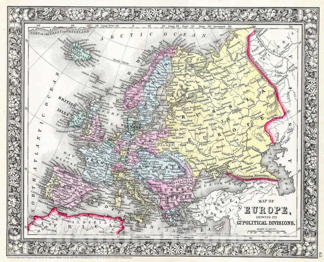 Historic Map : Mitchell Map of Europe , 1860, Vintage Wall Art