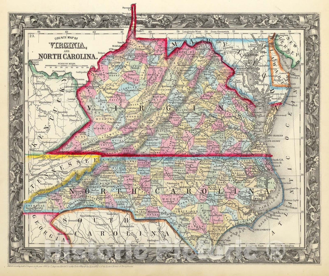 Historic Map : Mitchell Map of Virginia (undivided) and North Carolina , 1860, Vintage Wall Art