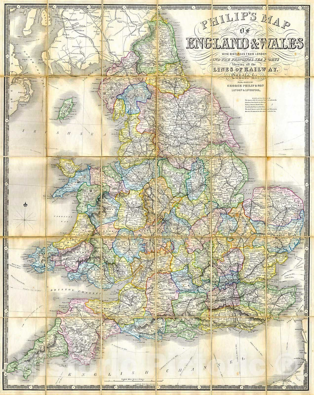 Historic Map : Philips Folding or Pocket Map of England and Wales, 1860, Vintage Wall Art