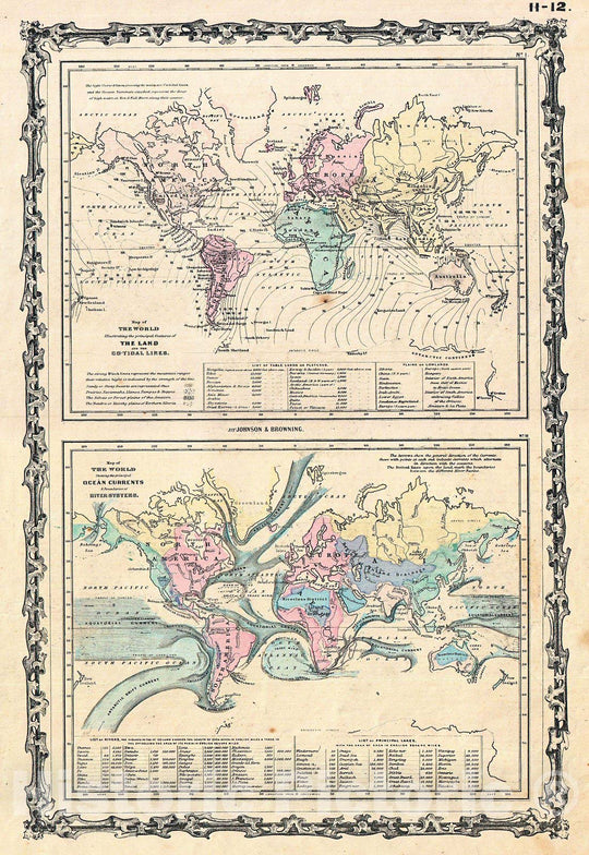 Historic Map : Johnson Climate Map of The World w Tides and Ocean Currents, 1861, Vintage Wall Art