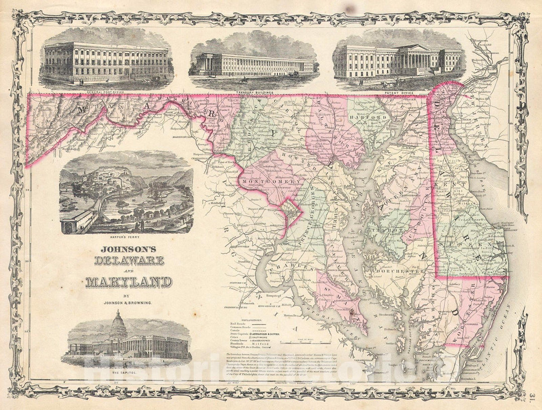 Historic Map : Johnson Map of Delaware and Maryland, 1861, Vintage Wall Art