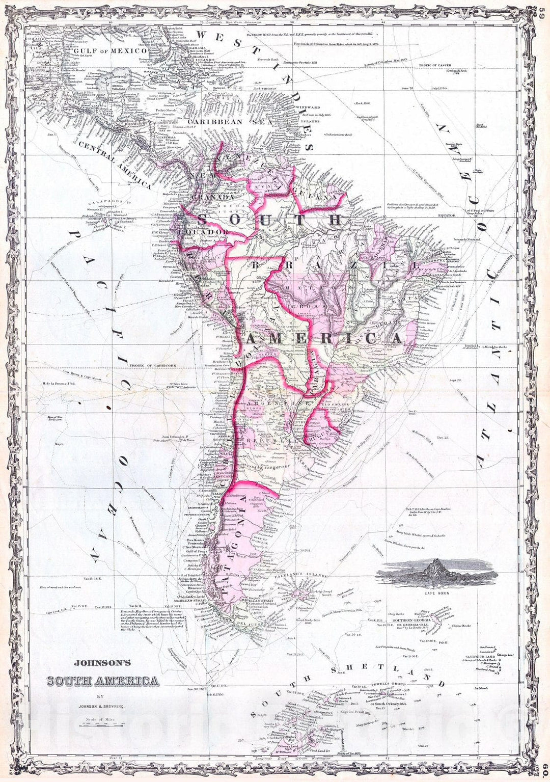 Historic Map : Johnson Map of South America, 1861, Vintage Wall Art