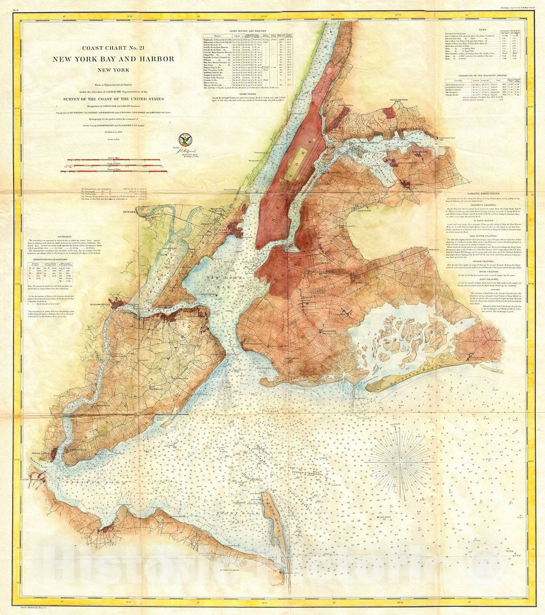 Historic Map : U.S.C.S. Map of New York City Bay and Harbor , 1861, Vintage Wall Art