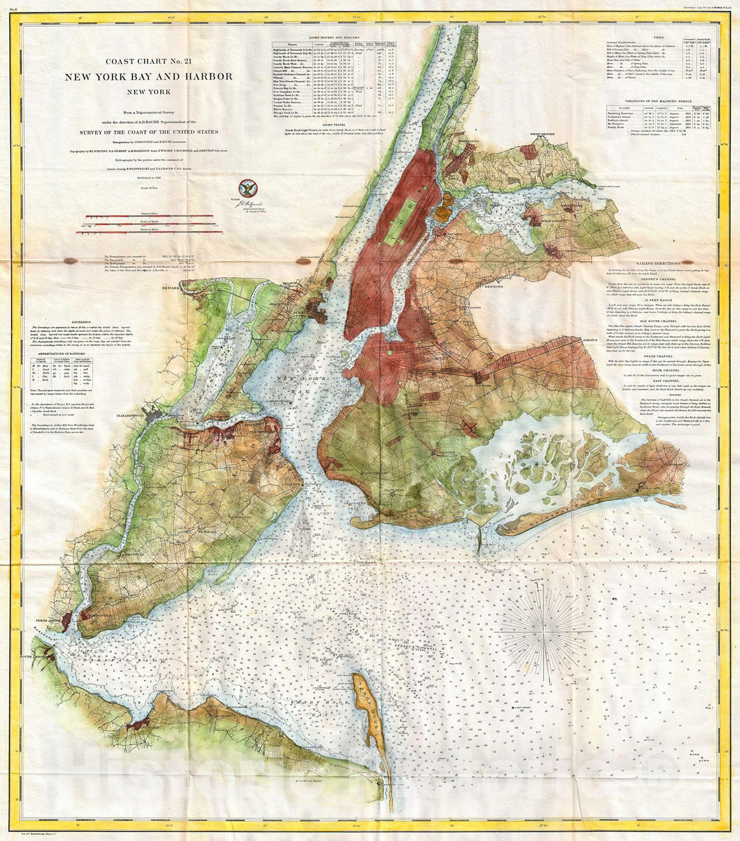 Historic Map : U.S. Coast Survey Map of New York City Bay and Harbor , 1861, Vintage Wall Art