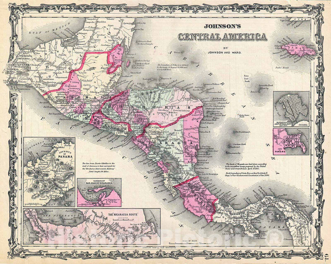 Historic Map : Johnson Map of Central America , 1862, Vintage Wall Art