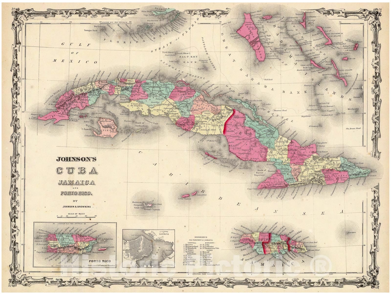 Historic Map : Johnson Map of Cuba and Porto Rico, 1862, Vintage Wall Art