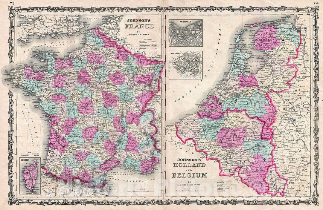 Historic Map : Johnson Map of France, Holland and Belgium, 1862, Vintage Wall Art