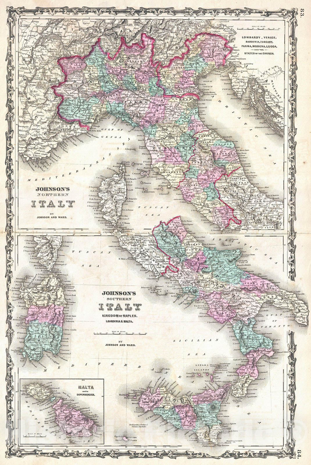 Historic Map : Johnson Map of Italy, Naples and Sicily, 1862, Vintage Wall Art