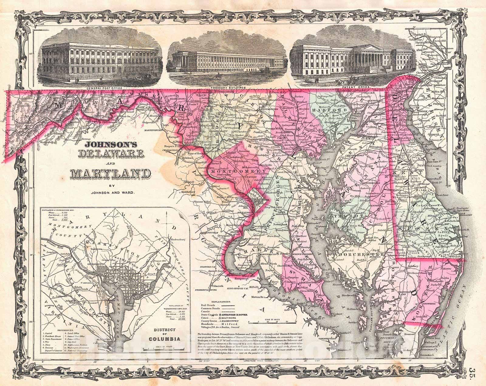 Historic Map : Johnson Map of Maryland and Delaware , 1862, Vintage Wall Art