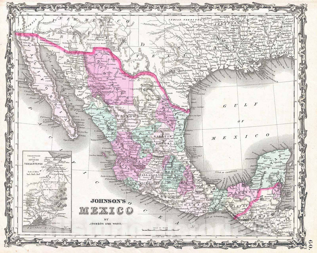 Historic Map : Johnson Map of Mexico and Texas , 1862, Vintage Wall Art